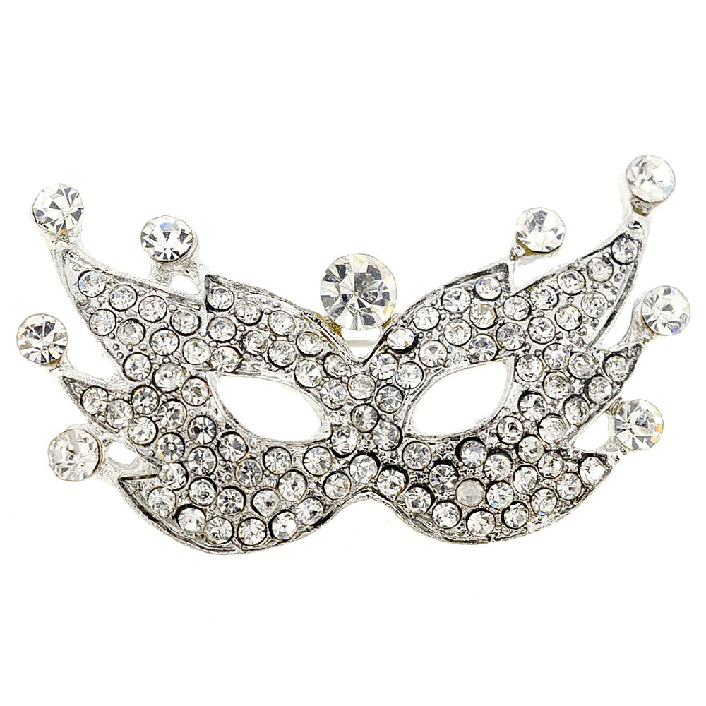 Silver Masquerade Mask Crystal Pin Brooch