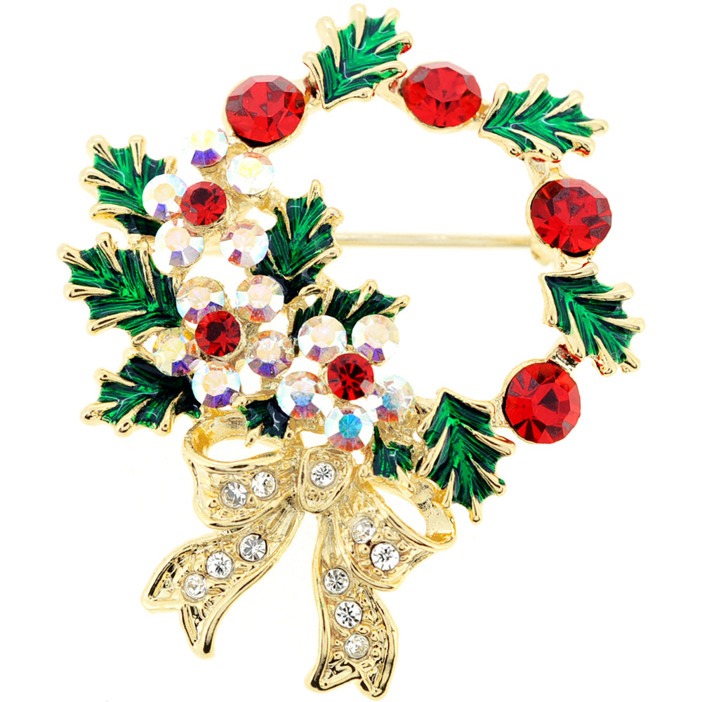 Multicolor Christmas Wreath Crystal Brooch Pin