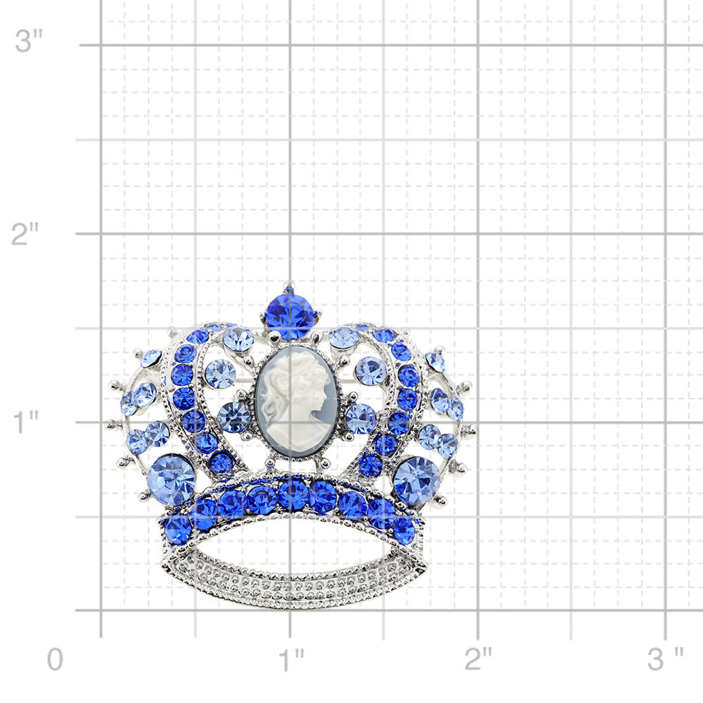 Sapphire Blue Cameo Crown Crystal Pin Brooch