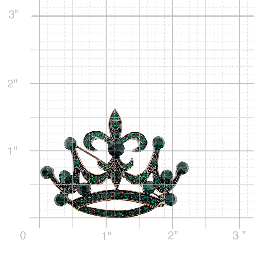 Vintage Style Green Fleur-De-Lis Crown Crystal Brooch Pin
