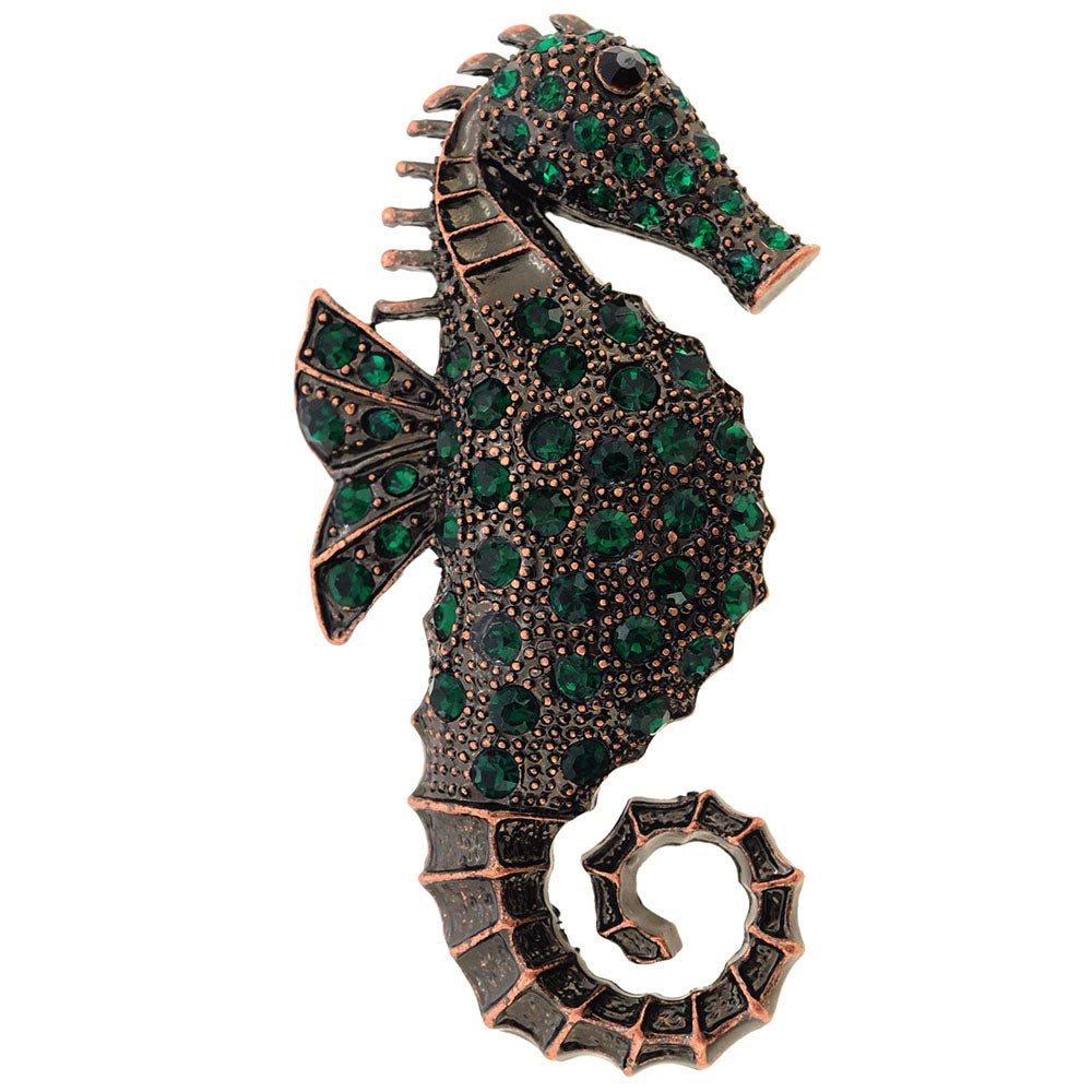 Emerald Green Seahorse Crystal Brooch Pin