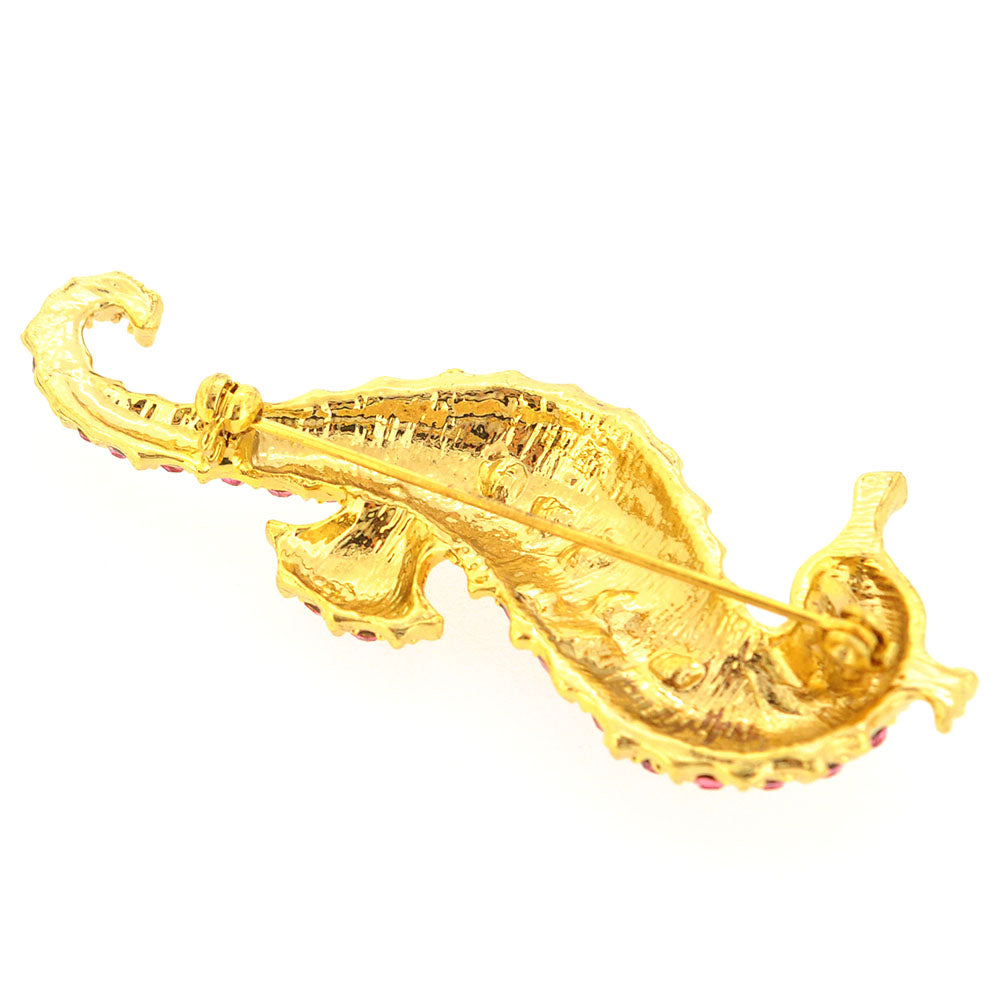 Pink Golden Seahorse Crystal Brooch Pin