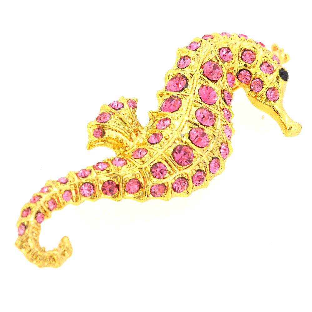 Pink Golden Seahorse Crystal Brooch Pin