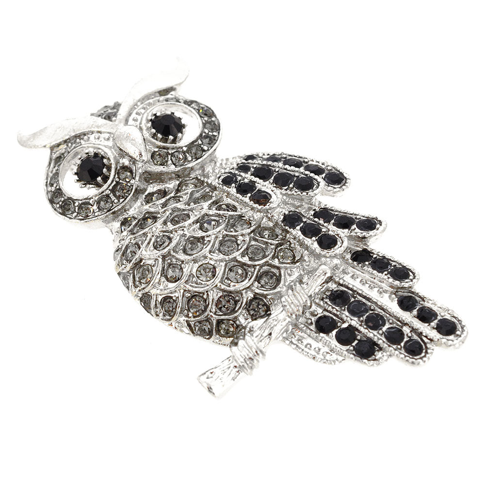 Silver Jet Black Crystal Owl Brooch