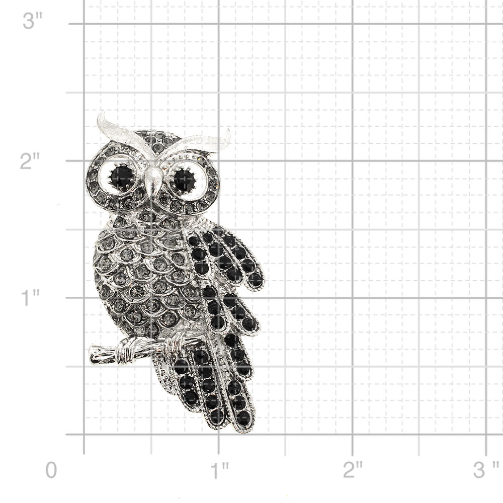 Silver Jet Black Crystal Owl Brooch