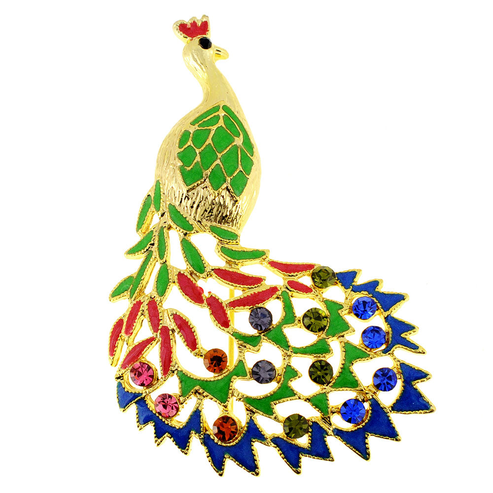 Golden Multicolor Peacock Crystal Pin Brooch