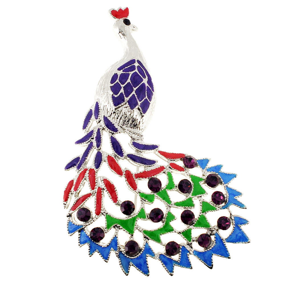 Multi Purple Peacock Crystal Pin Brooch