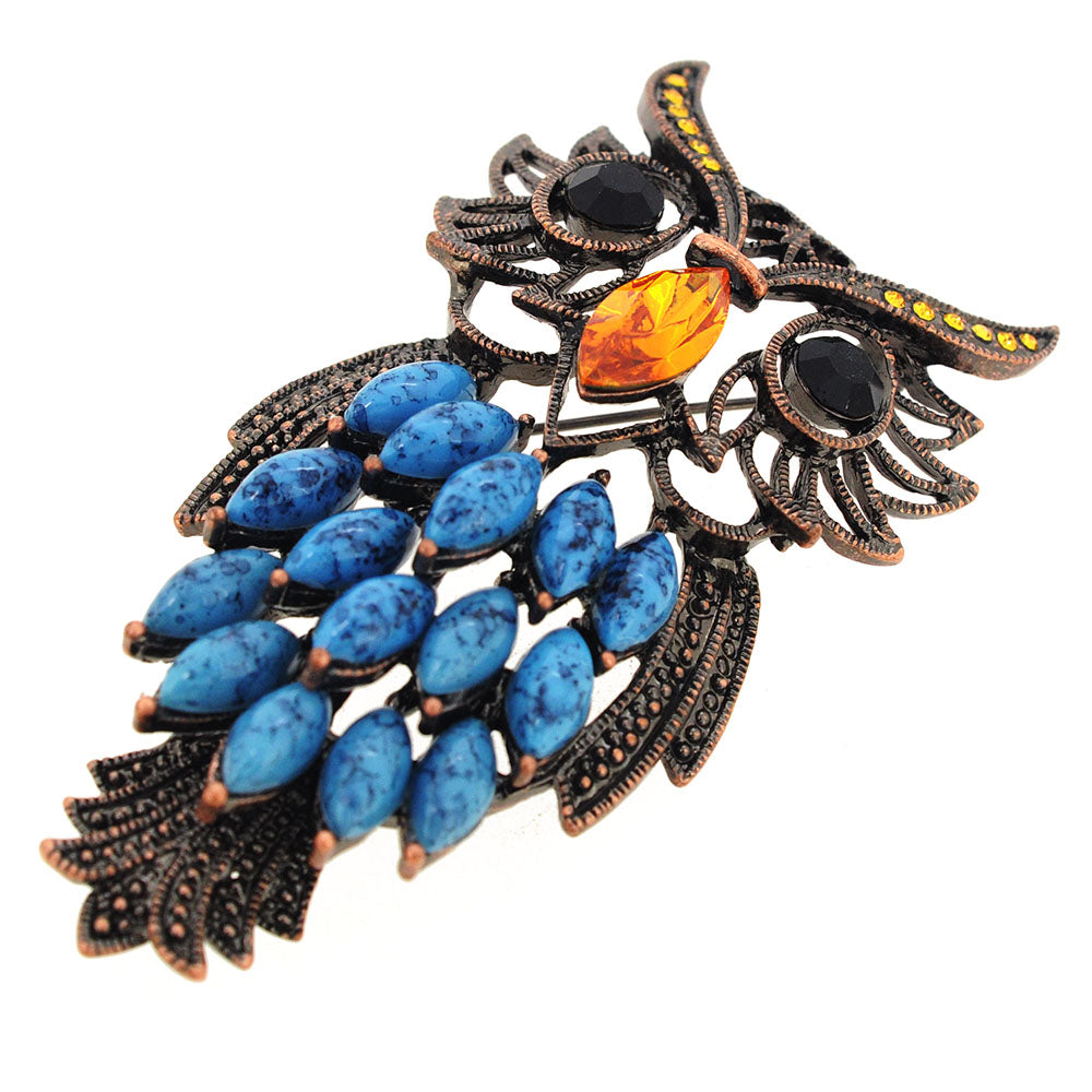 Vintage Style Blue Turquoise Topaz Owl Pin Brooch