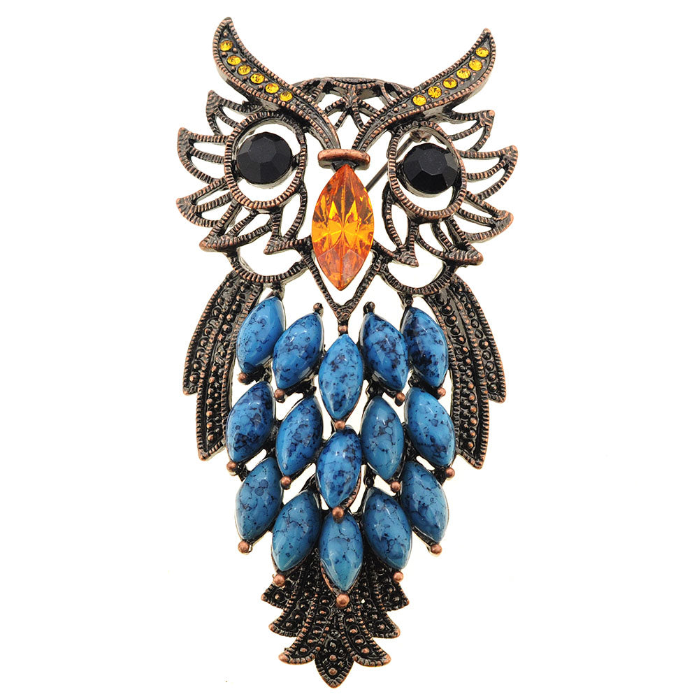 Vintage Style Blue Turquoise Topaz Owl Pin Brooch