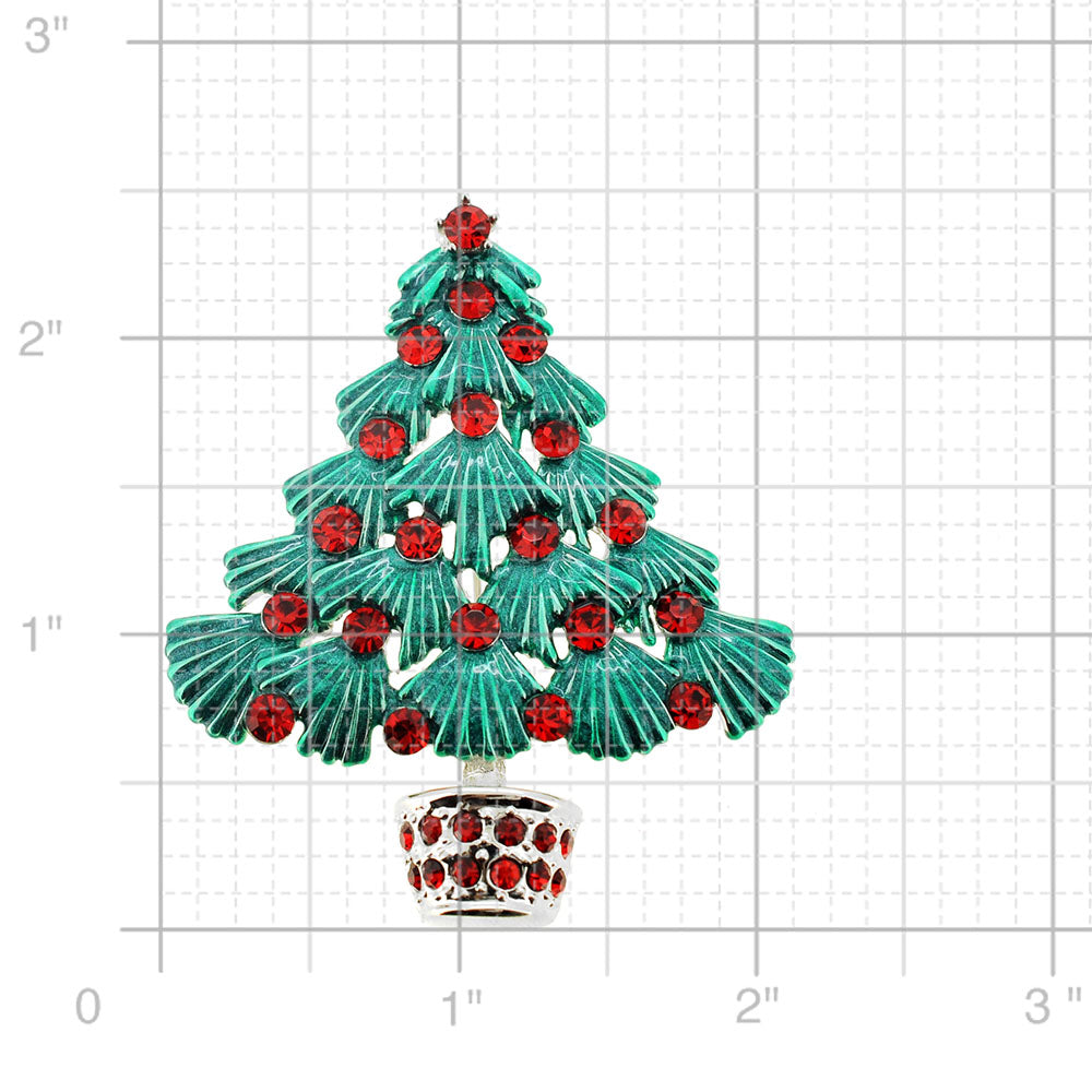 Green Christmas Tree Red Crystal Pin Brooch