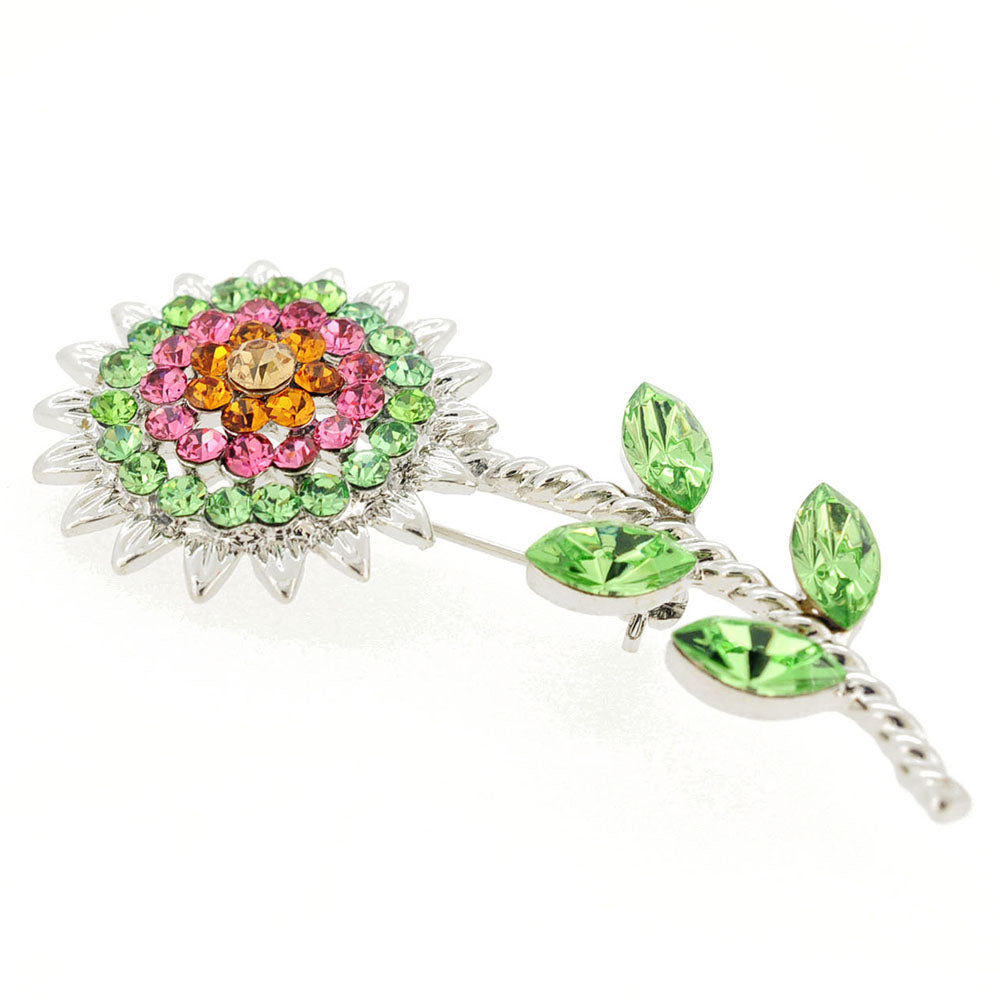 Green Pink Sunflower Crystal Pin Brooch