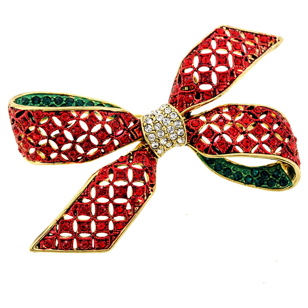 Christmas Red & Green Bow Crystal Brooch Pin