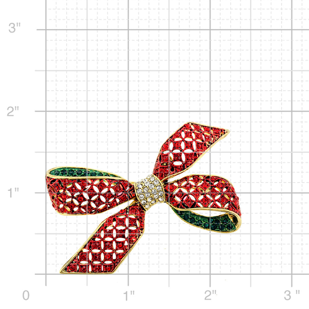 Christmas Red & Green Bow Crystal Brooch Pin