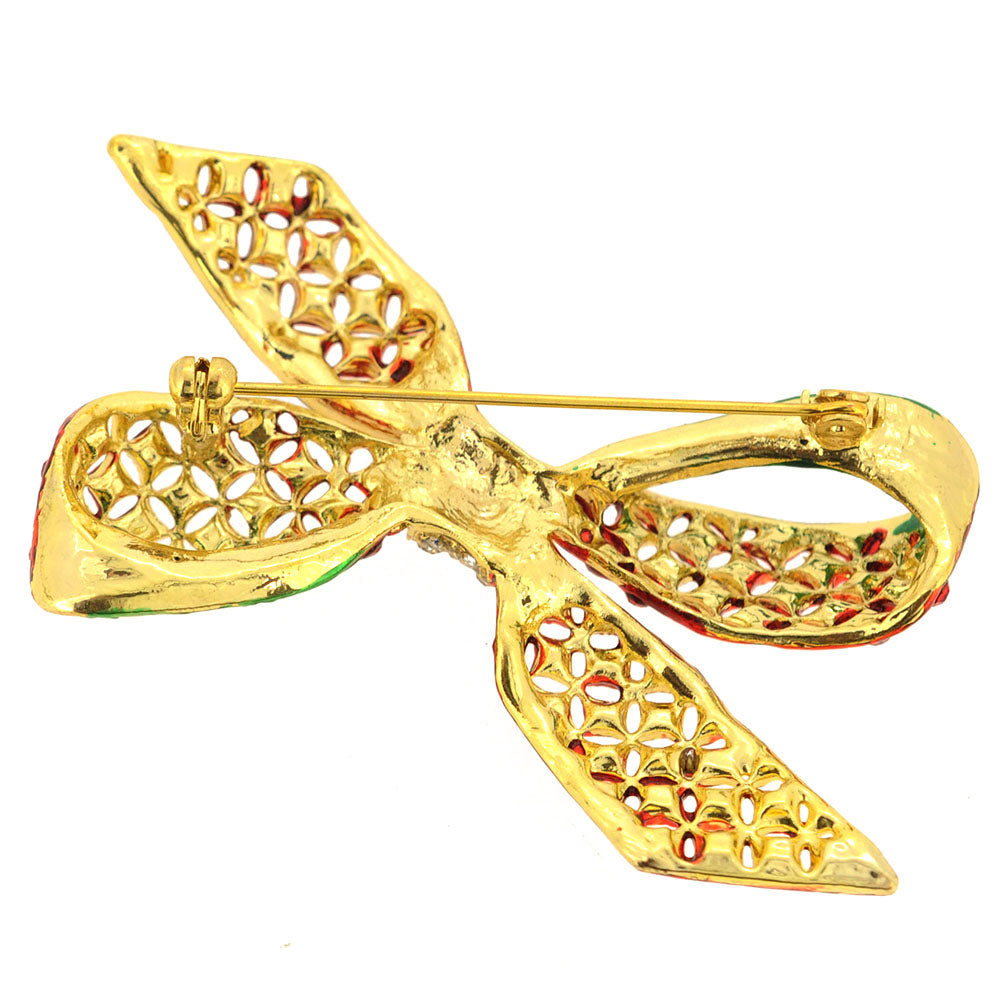 Christmas Red & Green Bow Crystal Brooch Pin