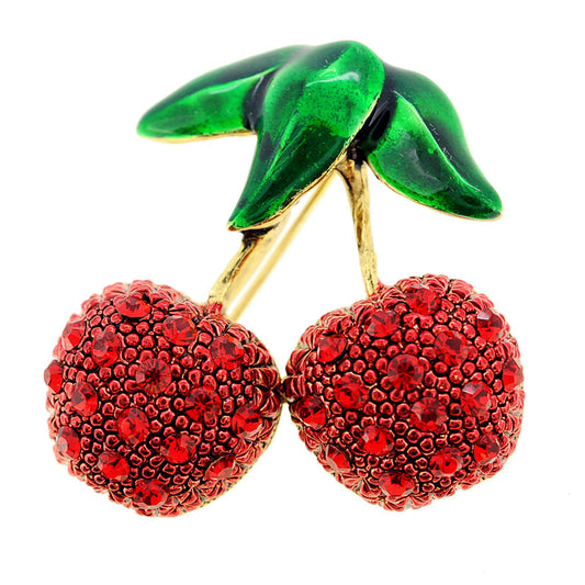 Red Cherry Fruit Crystal Pin Brooch