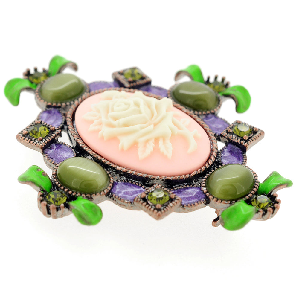 Vintage Emerald Flower Cameo Pin Brooch