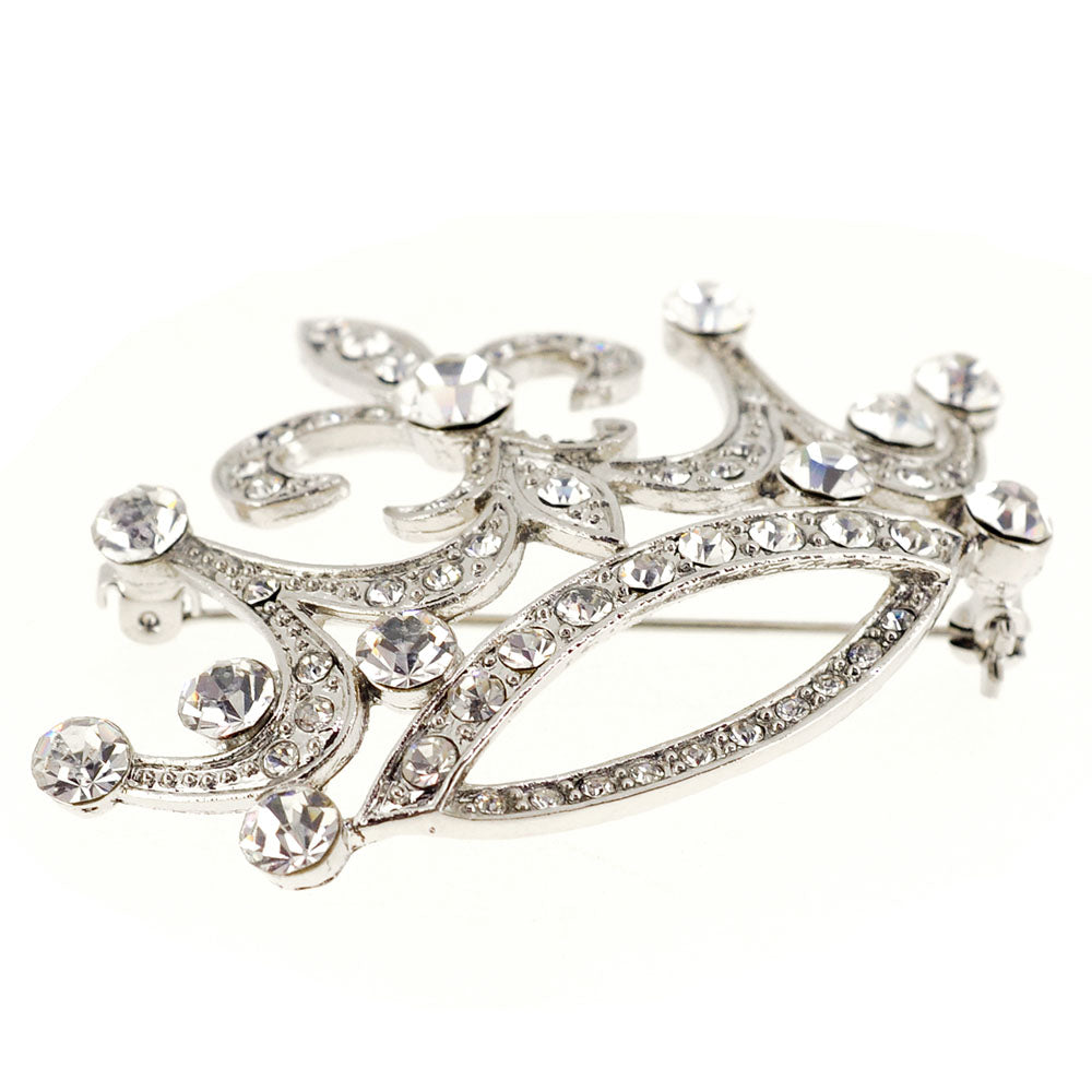 Vintage Style Silver Fleur-De-Lis Crown Crystal Pin Brooch