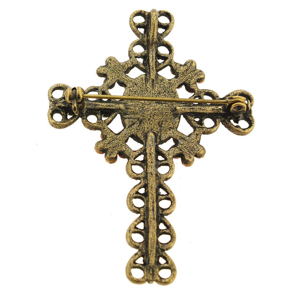 Vintage Style Pink Cameo Cross Crystal Brooch Pendant