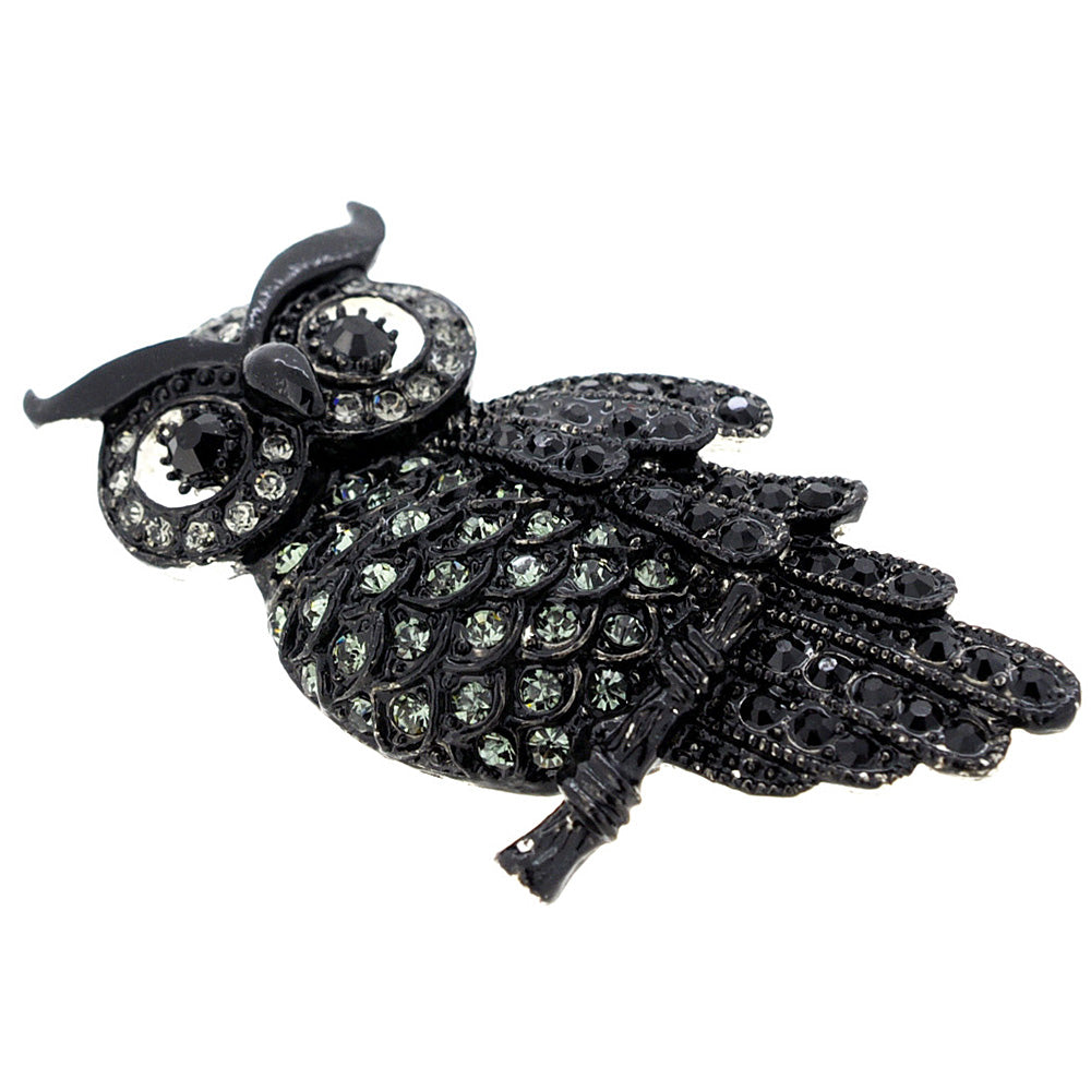 Black Owl Crystal Bird Pin Brooch