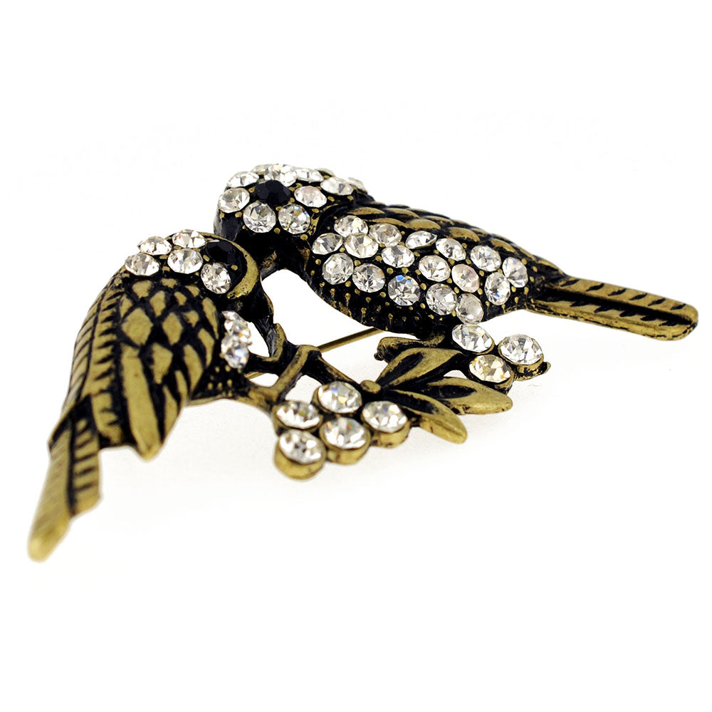 Vintage Style Couple Sparrows Crystal Bird Pin Brooch