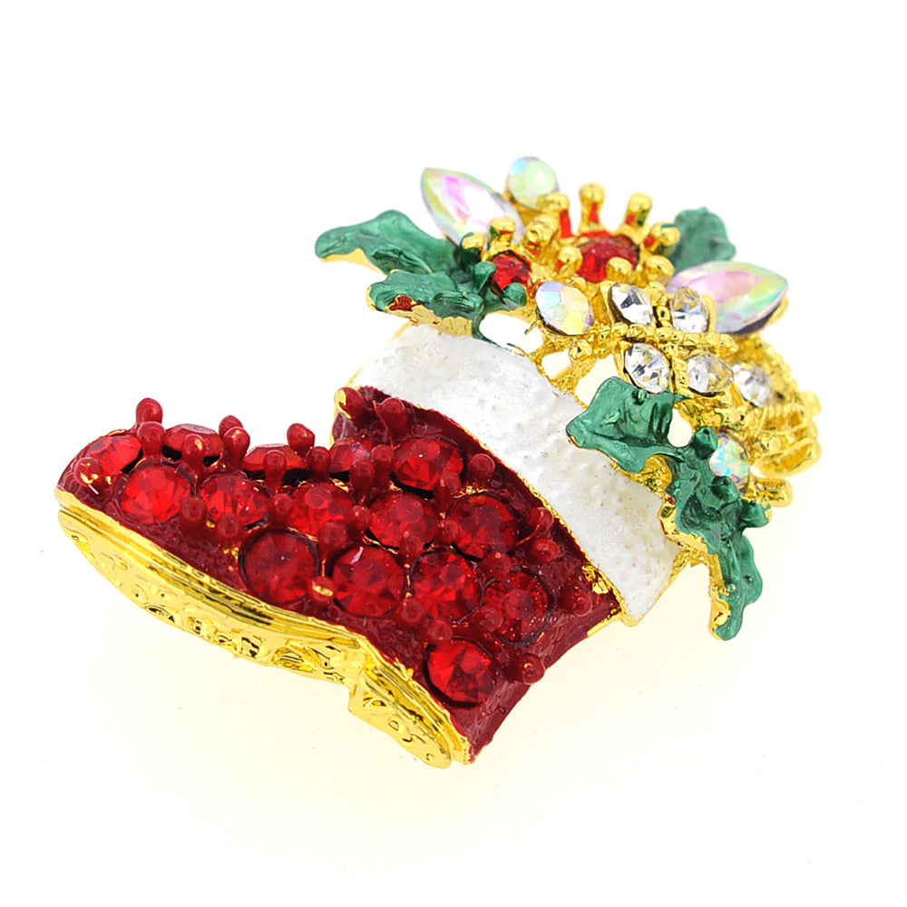 Red Christmas Stocking with Ornaments Crystal Pin Brooch