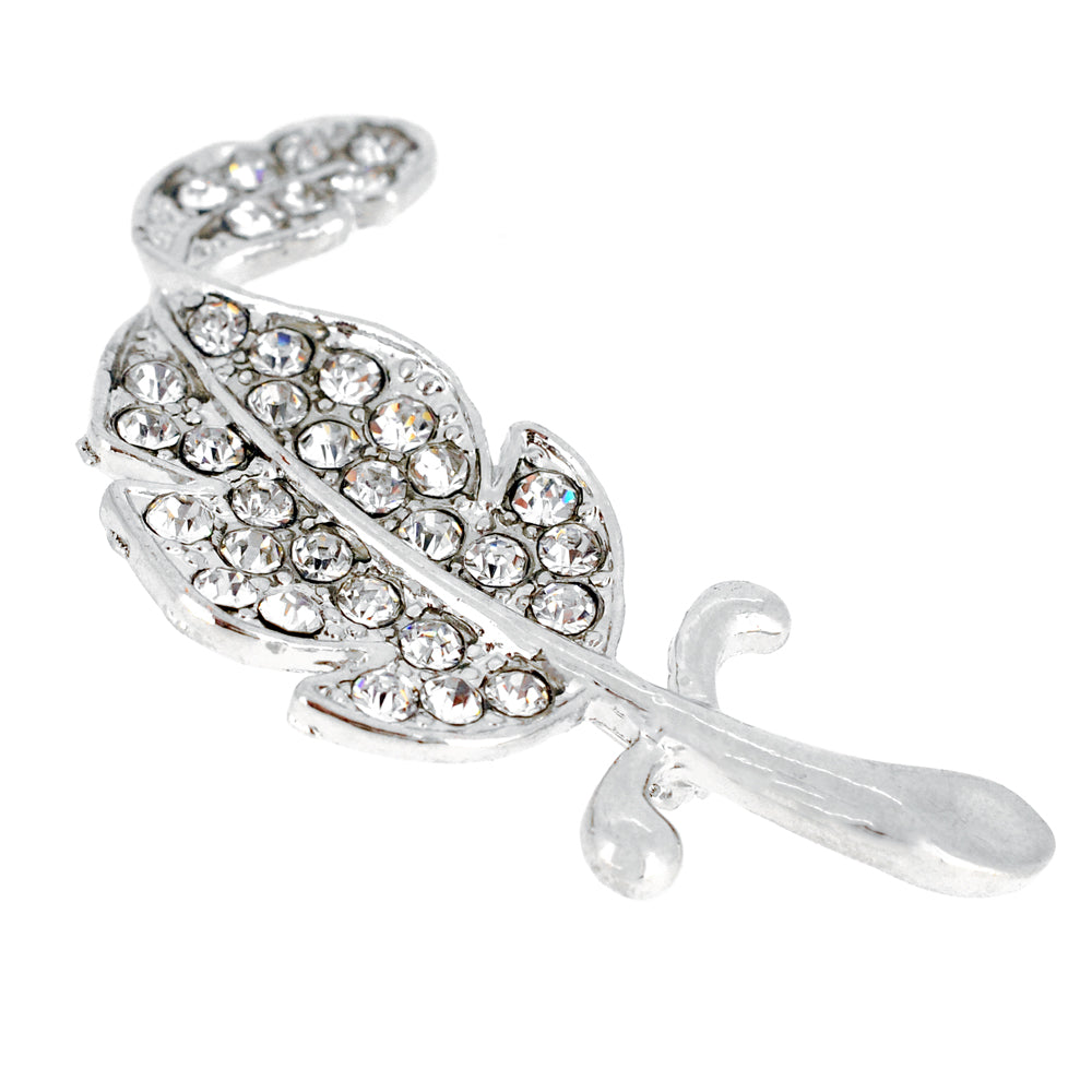 Large Silver Chrome Leaf Crystal Pin Brooch