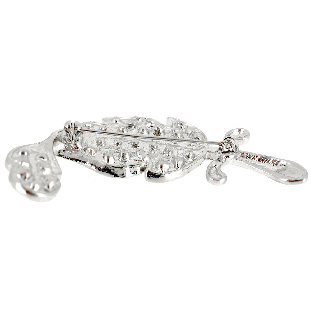 Large Silver Chrome Leaf Crystal Pin Brooch