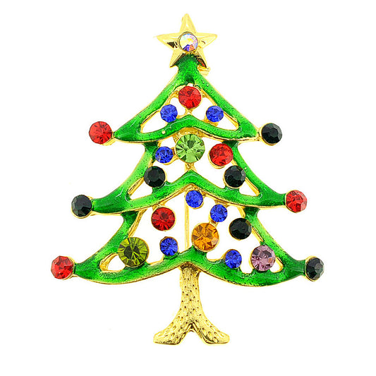 Golden Green Enamel Crystal Christmas Tree Brooch Pin
