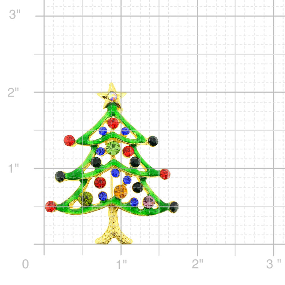 Golden Green Enamel Crystal Christmas Tree Brooch Pin
