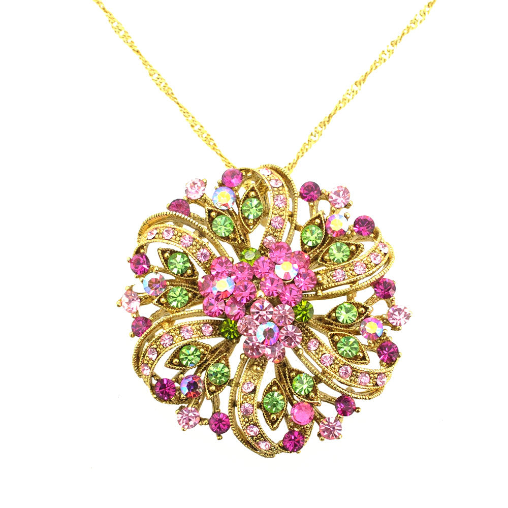 Multicolor Pink Flower Wedding Crystal Pin Brooch and Pendant