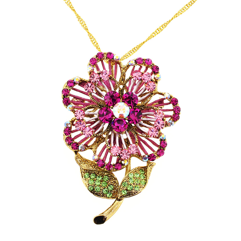 Pink Swarovski Crystal Flower Pin Brooch And Pendant