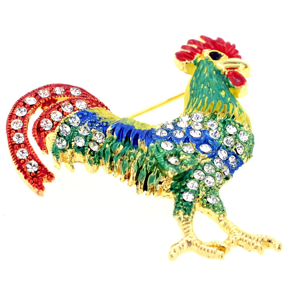 Green And Red Rooster Pin Swarovski Crystal Animal Pin Brooch