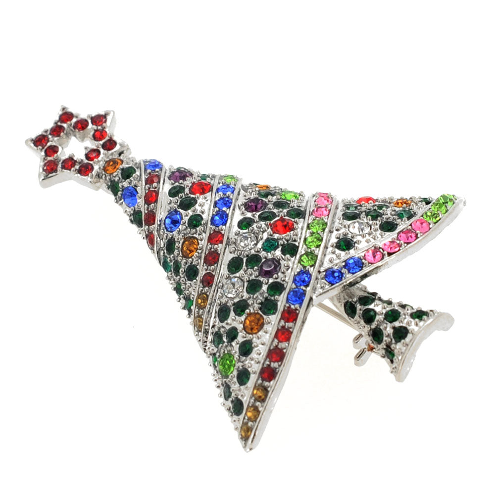 Silver Multicolor Christmas Tree Crystal Pin Brooch