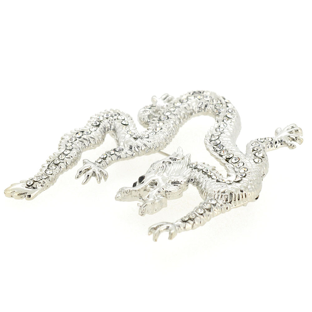 Silver Crystal Dragon Pin Brooch