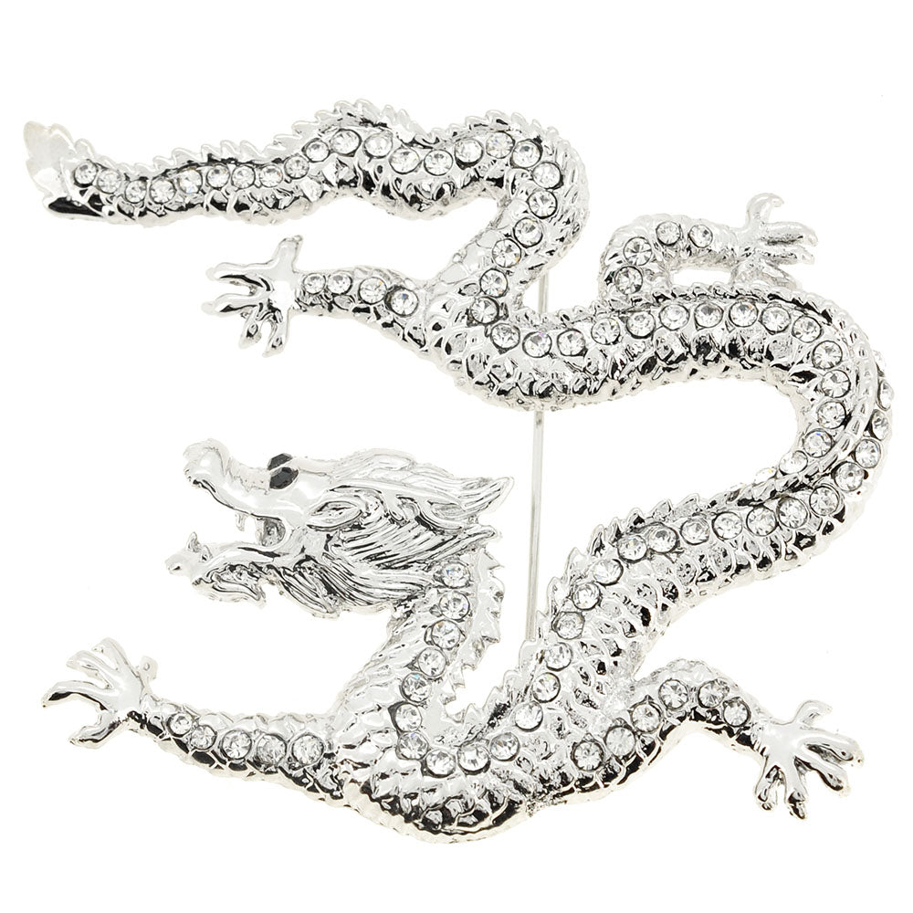 Silver Crystal Dragon Pin Brooch