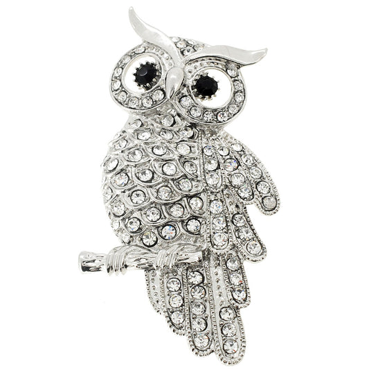 Silver Crystal Owl Pin Brooch