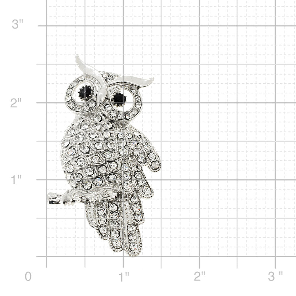 Silver Crystal Owl Pin Brooch
