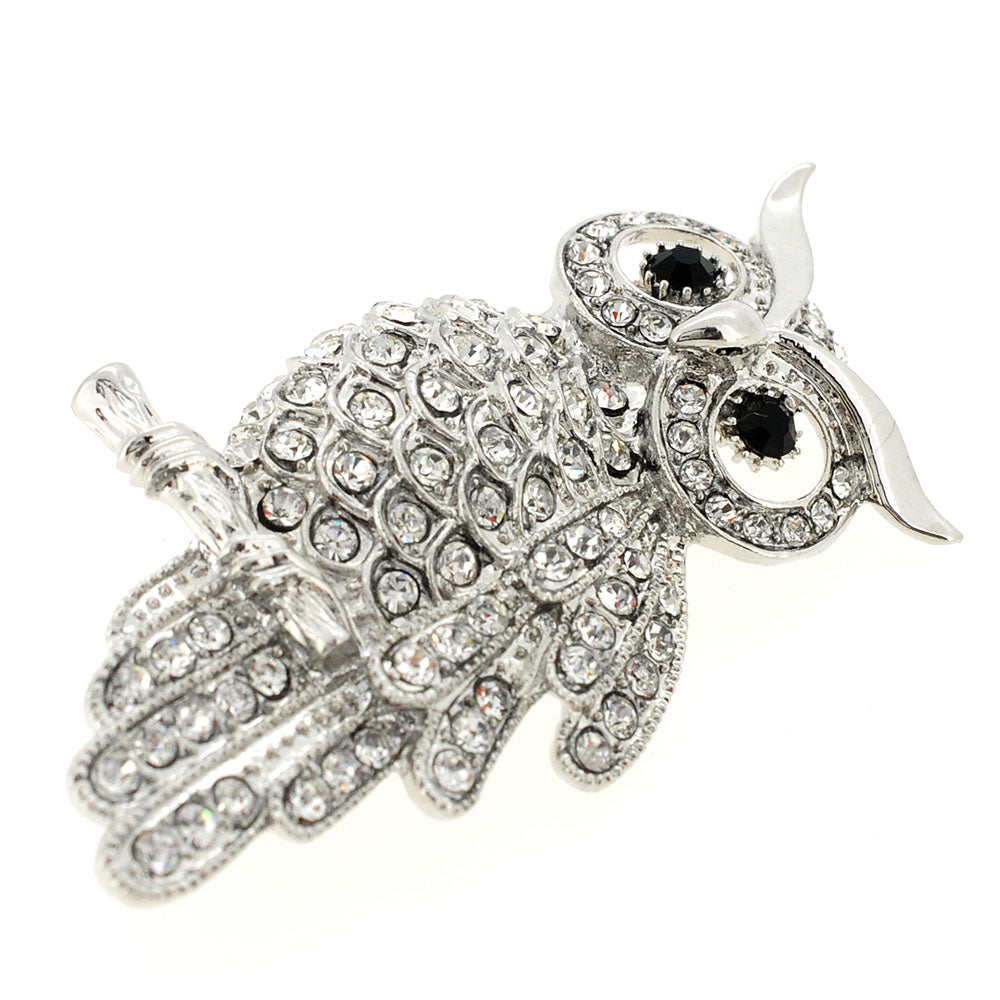 Silver Crystal Owl Pin Brooch