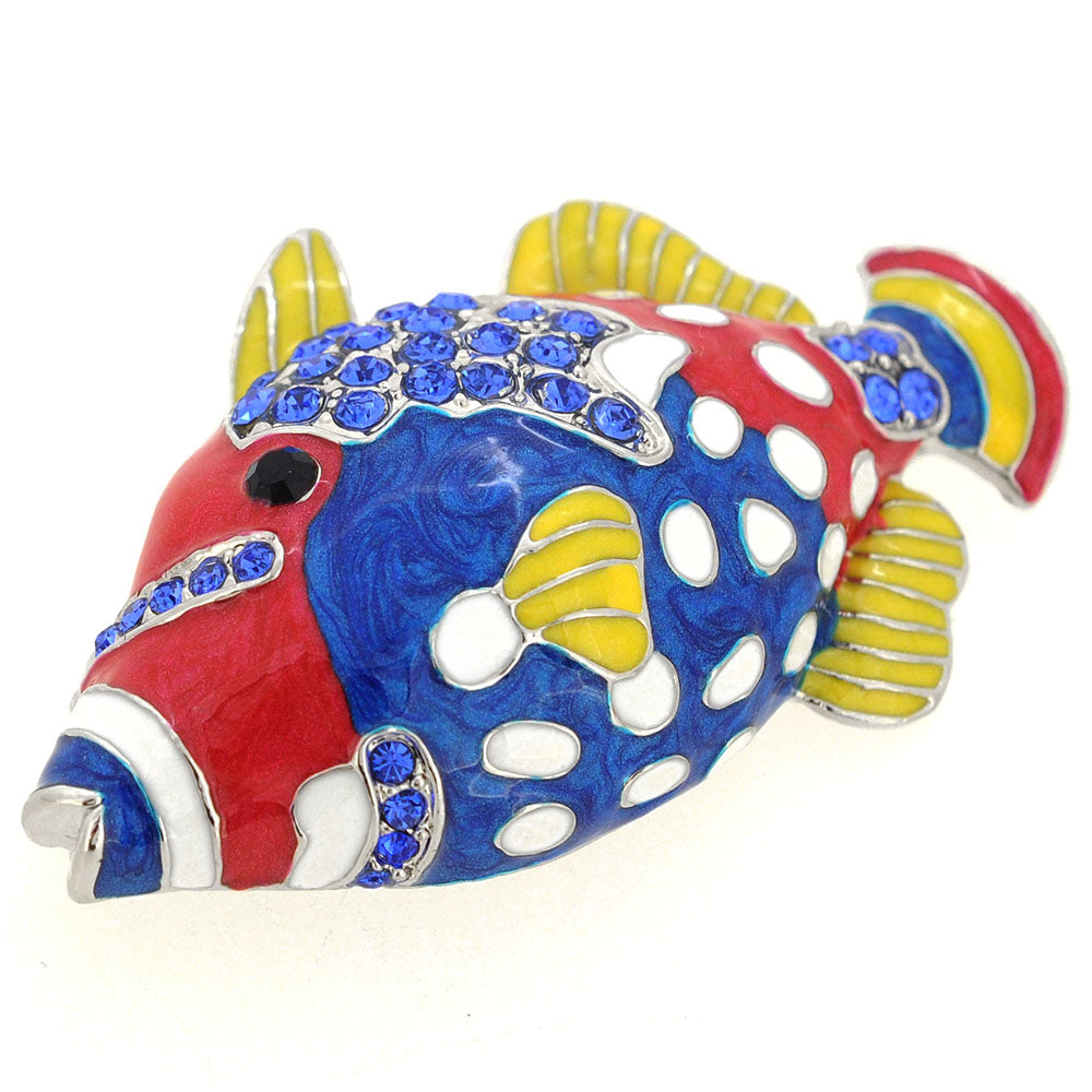 Crystal Red Blue Enamel Fish Pin Brooch