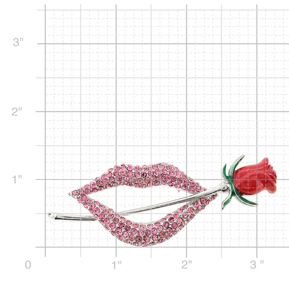 Pink Lip With Red Rose Crystal Pin Brooch