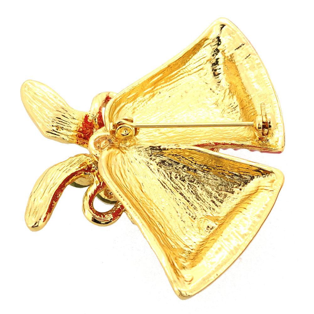 Red Christmas Bell Bow Crystal Pin Brooch