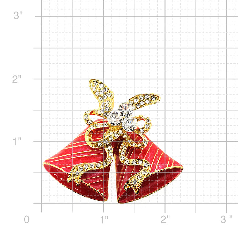 Red Christmas Bell Bow Crystal Pin Brooch