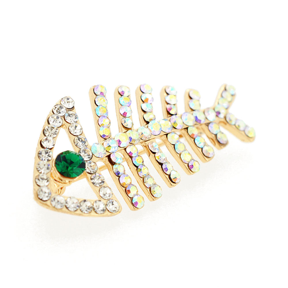 Golden FishBone Crystal Pin Brooch
