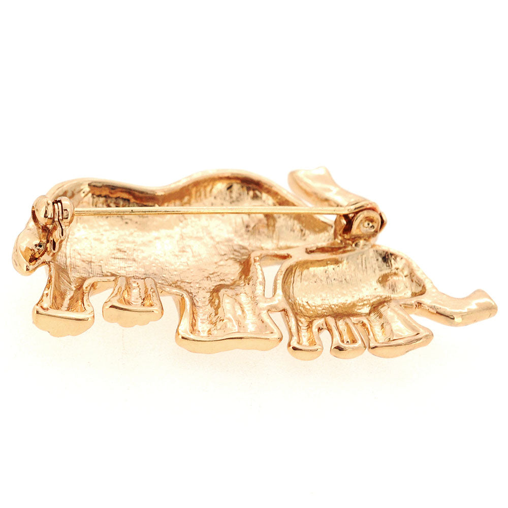 Golden Mom And Baby Elephant Crystal Pin Brooch