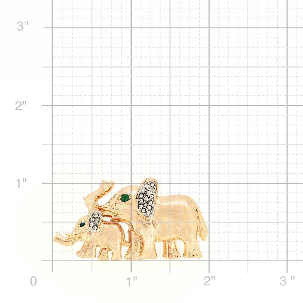 Golden Mom And Baby Elephant Crystal Pin Brooch