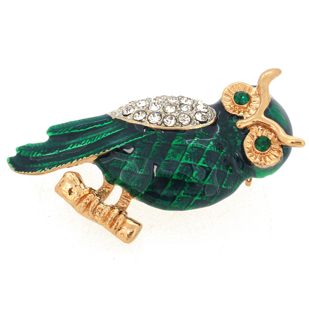 Enamel Green Owl Crystal Pin Brooch