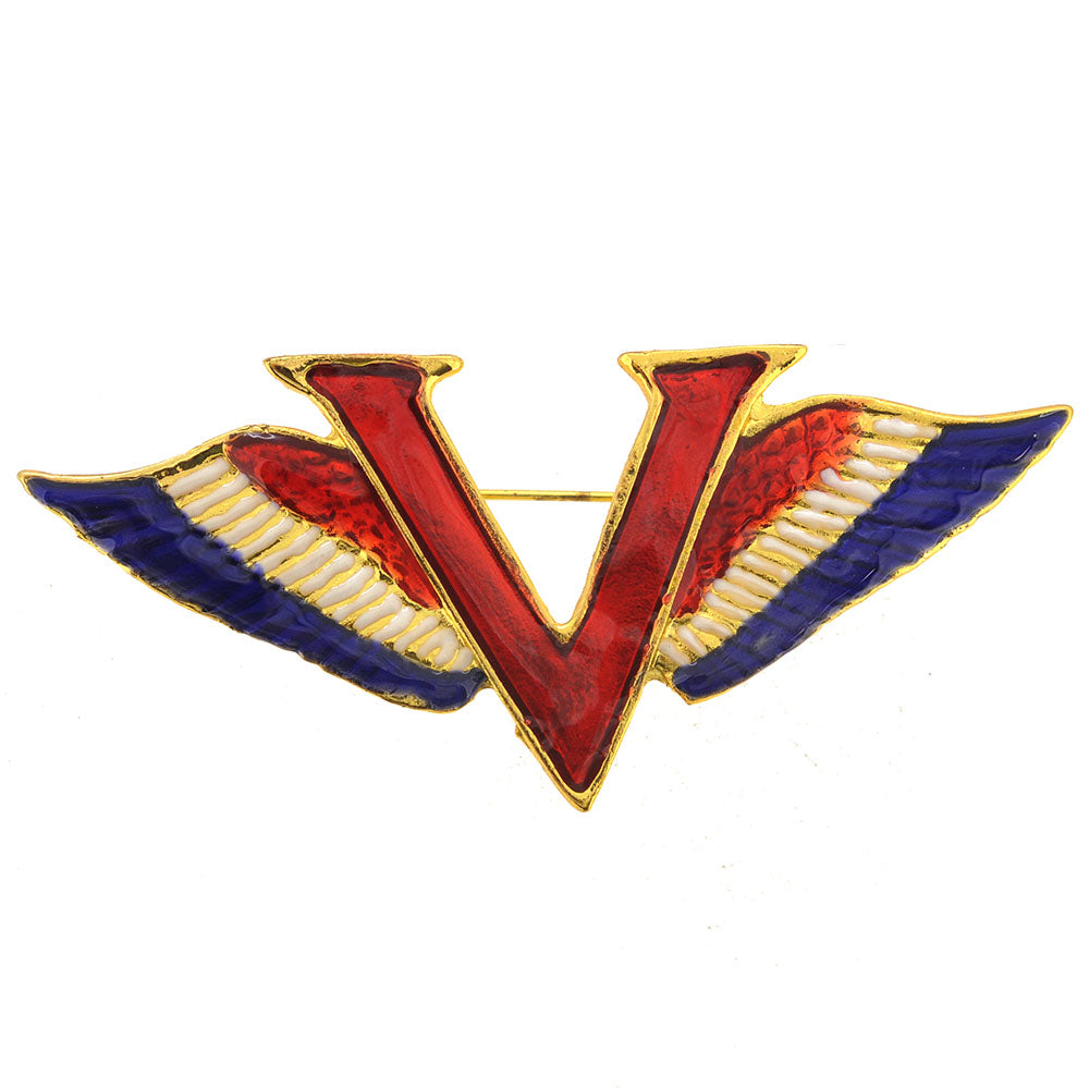Patriotic Golden Victory Wings Brooch Pin (Red, White & Blue)