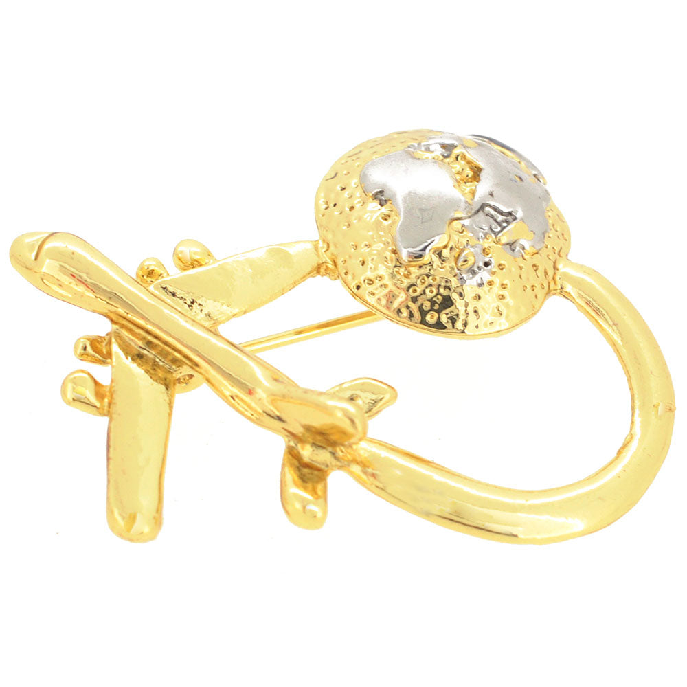 Golden Airplane Around The Globe Pin Brooch
