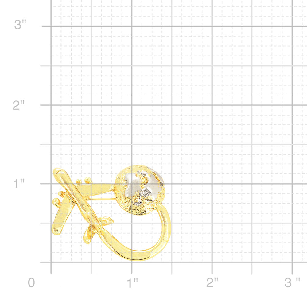 Golden Airplane Around The Globe Pin Brooch