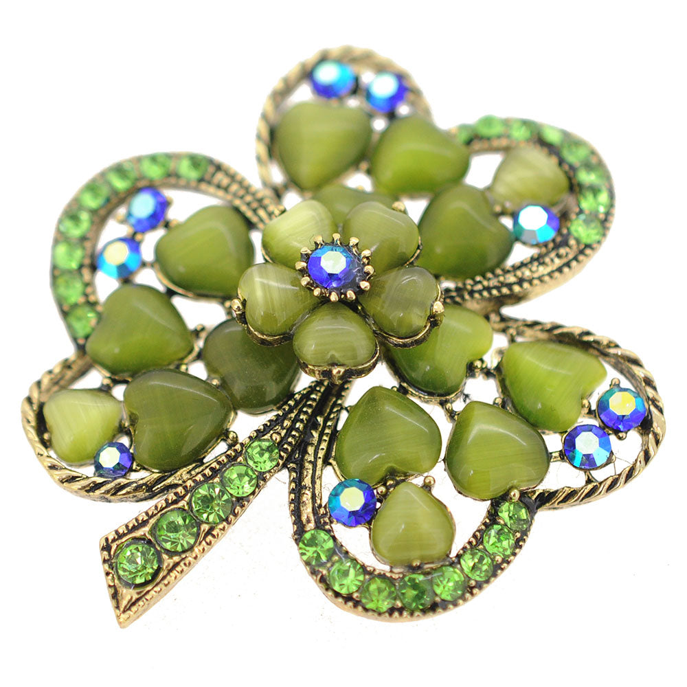 Green 3 Leaf Clover Flower Crystal Pin Brooch